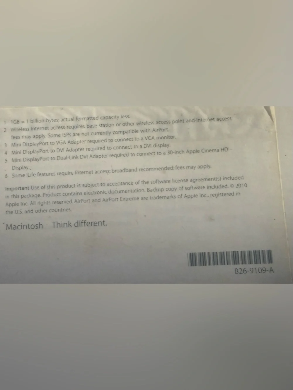Apple Printed Specifications Sheet in Black on White